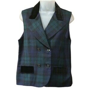 Collectible Gold by Giorgio Sant’Angelo Green Plaid Wool Vest Velvet Trim M